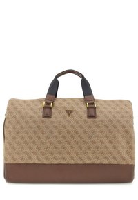 Sac à main brun à motif avec une partie supérieure en toile texturée et une partie inférieure en cuir lisse. Caractérisé par deux poignées robustes et des accents en métal doré.