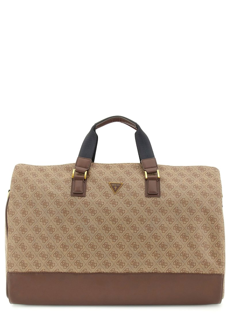 Sac à main brun à motif avec une partie supérieure en toile texturée et une partie inférieure en cuir lisse. Caractérisé par deux poignées robustes et des accents en métal doré.