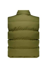 Olijfgroen puffer vest met een hoge kraag. Kenmerkt zich door horizontale gestikte secties, een gladde textuur en geen zichtbare hardware of accenten.