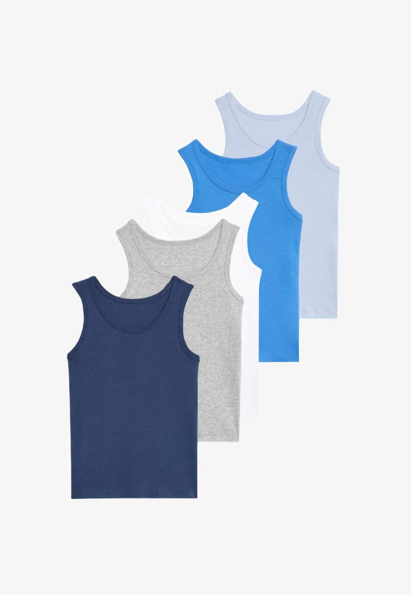 Set med fem linnen i blått, ljusblått, grått, vitt och marinblått. Tillverkade av bomull, med en rund halsringning och ärmlös design.