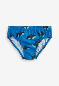 Caleçons de bain bleus avec un motif répétitif de poissons noirs avec des accents orange. Taille élastique et doublure douce.