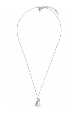 Srebrny łańcuszek z regulowanym zapięciem i małym kolorowym zawieszonym jednorożcem z różową grzywą i niebieskimi kopytami.