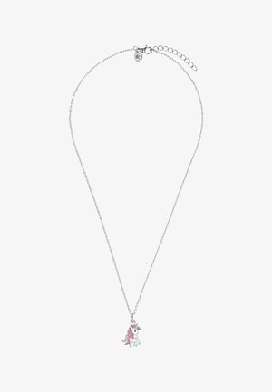 Srebrny łańcuszek z regulowanym zapięciem i małym kolorowym zawieszonym jednorożcem z różową grzywą i niebieskimi kopytami.