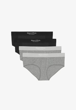 Herren Slip-Set mit vier Paaren: zwei schwarz, ein dunkelgrau und ein hellgrau. Weicher Baumwollstoff mit elastischem Bund. Markenlogo angezeigt.