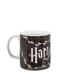Mug in ceramica con finitura nera lucida, caratterizzato da testo bianco "Harry" e un motivo di impronte in un design testurizzato.