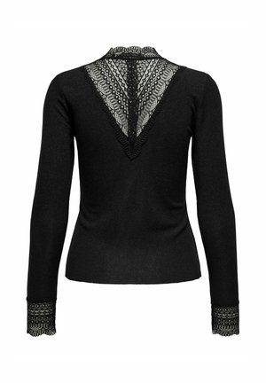 Must have pikkade varrukatega must särk, millel on V-kujuline pitsist seljaosa, sooniline tekstuur ja pitsäärised varrukatel. Elegantne ja vormistav disain.