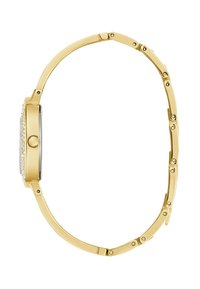 Χρυσό μεταλλικό ρολόι χειρός με ορθογώνιο καντράν, διακοσμημένο με μικρούς πολύτιμους λίθους κατά μήκος της στεφάνης, με λείο, συνδεδεμένο λουράκι.