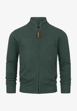 Cardigan zip-up verde închis, fabricat din material tricotat moale. Prezintă un guler și manșete cu elastic, cu un detaliu contrastant la fermoar.