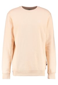 Sudadera de cuello redondo beige con mangas largas, puños y dobladillo acanalados, y pequeño logo blanco de Vans en el lado izquierdo del pecho.
