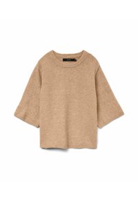 Beige gestrickter Pullover mit weitem Rundhalsausschnitt, kurzen Ärmeln und gerippten Bündchen. Weiche Textur und lockere Passform für Komfort.