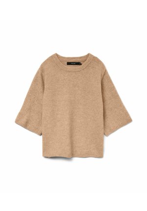 Pull en tricot beige avec un large col rond, des manches courtes et des poignets côtelés. Texture douce et coupe décontractée pour le confort.
