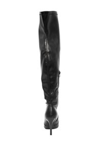 Botas de cuero negras hasta la rodilla con punta afilada, tacón de aguja, textura suave y detalle de cremallera en el lateral.