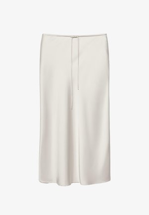 Krémasto barvna svilena krilo dolžine do gležnjev z zavezanim vrvico v pasu, gladke teksture in rahlo razširjeno na spodnjem delu.