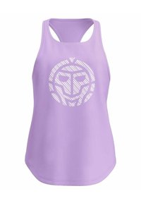 Hellblau-violettes Sporttanktop mit Racerback-Design und einem weißen Grafiklogo, das abstrakte Muster auf der Vorderseite zeigt. Glatter Stoff.