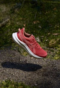 Baskets de sport rouges avec une tige en mesh, semelle blanche et accents texturés subtils. Design léger, adapté pour la course ou un usage décontracté.