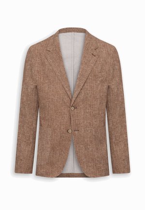 Blazer para hombre marrón con patrón de espiga, solapas con muesca, dos botones delanteros, bolsillos parche y un bolsillo en el pecho, mostrado plano sobre fondo blanco.