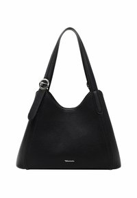 Black leather hobo bag with a textured finish, single shoulder strap, and a metallic accent. Features a curved top and logo detail.