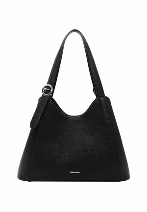 Black leather hobo bag with a textured finish, single shoulder strap, and a metallic accent. Features a curved top and logo detail.
