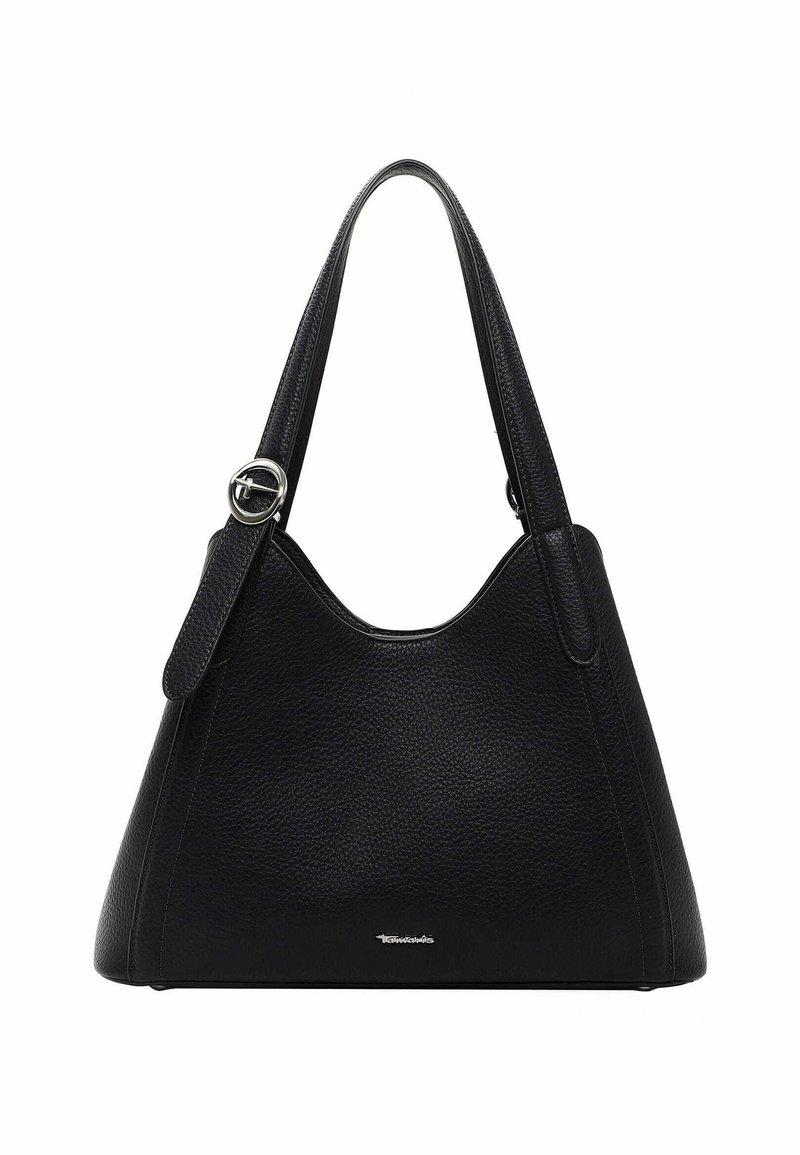 Black leather hobo bag with a textured finish, single shoulder strap, and a metallic accent. Features a curved top and logo detail.