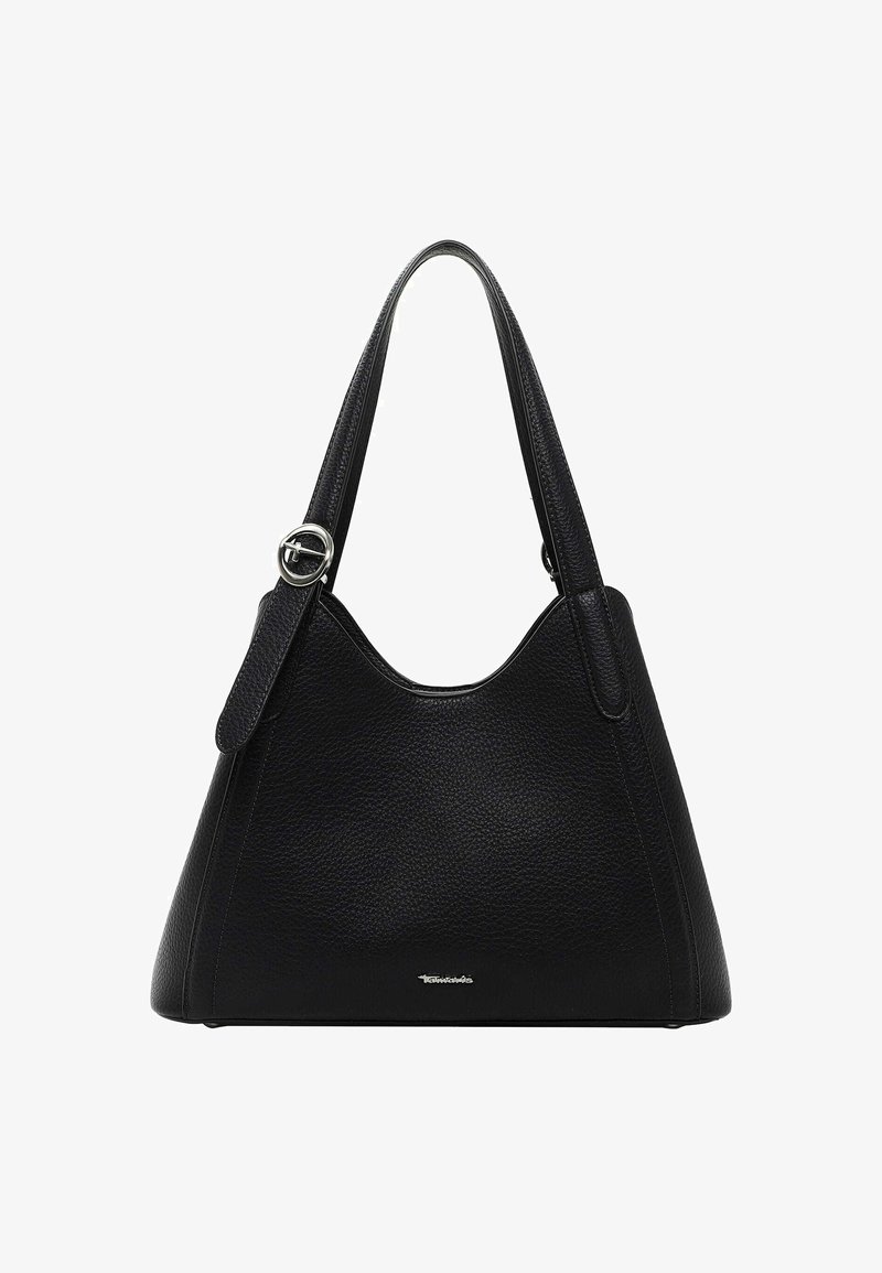 Musta nahkainen hobo-laukku, jossa on teksturoitu pinta, yksi olkahihna ja metallinen koriste. Sisältää kaarevan yläosan ja logodetailin.