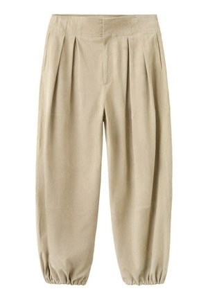 Pantalon beige plissé avec taille haute et poignets élastiqués, fabriqué dans un tissu doux adapté à une tenue décontractée.