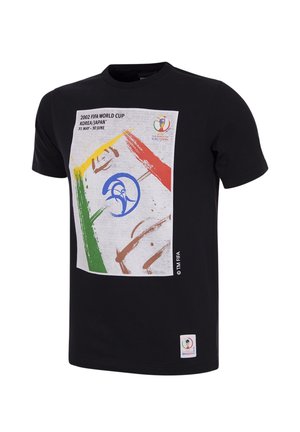 Zwarte katoenen T-shirt met een grafische print met de tekst "2002 FIFA Wereldkampioenschap Korea/Japan" en kleurrijke verfstrepen in geel, groen en rood.
