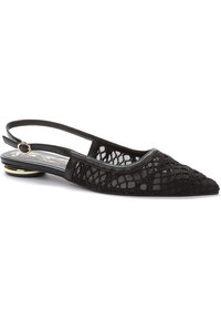 Black pointed-toe slingback shoe made of lace with a leather trim. Features a flat heel and an adjustable strap with a round metal accent.