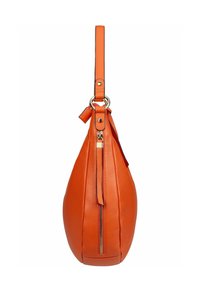 Pochette en cuir orange avec fermeture éclair dorée et bandoulière amovible, vue de côté sur fond blanc.