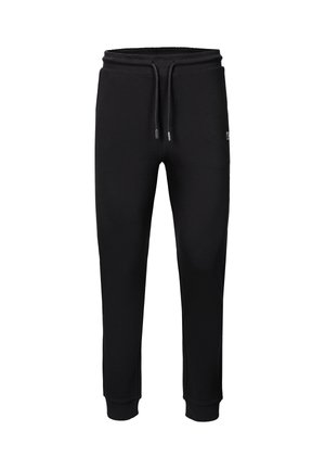 Black jogger pants made of soft fabric with an elastic waistband and drawstring. Features tapered legs and cuffed ankles.
