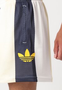 Mrežu sporta šorti ar pakāpenisku krāsu pāreju no tumši zilas līdz bālgans krēmam, ar dzeltenu triju svītru logo kreisajā pusē. Jostasvieta ir aprīkota ar auklu.