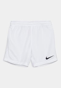 Pantalones cortos deportivos blancos hechos de un tejido liviano, con una cintura elástica y un logo negro de Nike en la parte inferior izquierda.