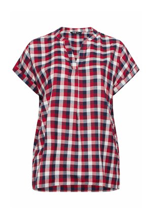 Kurzärmlige Bluse mit rotem, weißem und marineblau kariertem Muster, einem geteilten V-Ausschnitt und lockerem Sitz.