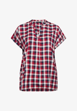 Korte mouwen, rood, wit en marineblauw geruit blouse met een gespleten V-halskraag en een ontspannen pasvorm.
