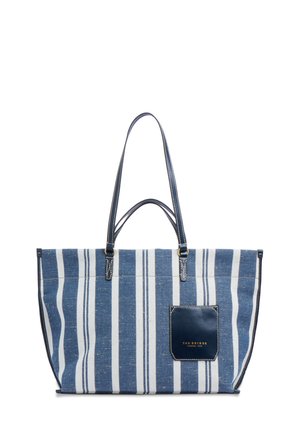 Borsa tote a righe verticali blu e bianco con manici in pelle blu scuro e una piccola toppa in pelle blu scuro con scritta dorata.