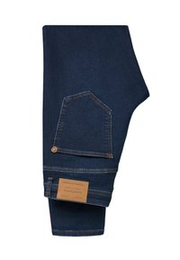 Ciemnoniebieskie dżinsy o ciemnym odcieniu z napisanym zdobieniem, tylną kieszenią oraz prostokątną skórzaną metką z nazwą marki.