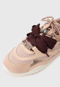 Baskets roses en mesh et daim, semelle en caoutchouc, lacets épais marron, et un accent métallique sur le côté. Logo "PINKO" inclus.