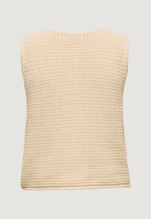 Gilet senza maniche lavorato a maglia color crema con motivo strutturato e scollo rotondo, mostrato di spalle.