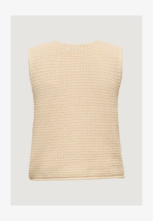 Gebreid mouwloos vest in roomkleur met een textuurpatroon en een ronde halslijn, gezien vanaf de achterkant.