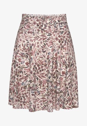 Floral skirt featuring a stretchy waistband and a flowy, A-line design. The fabric displays a mix of pink, purple, and green patterns on a cream background.
