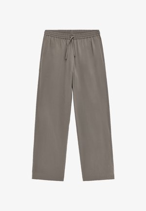 Leichte, leger geschnittene Hose in Grau mit elastischem Bund und verstellbarem Kordelzug, mit geraden, weiten Beinen und glatter Textur.