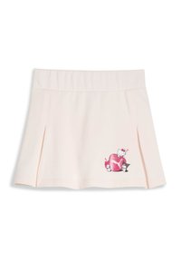Falda plisada de color rosa claro con cinturilla elástica y un gráfico de corazón rosa brillante que presenta gatos de dibujos animados. Tela suave con una textura delicada.
