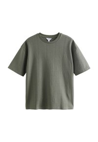 Grøn kortærmet T-shirt med ribbet tekstur og rund hals. Lavet af blødt stof med en afslappet pasform og lige kant.