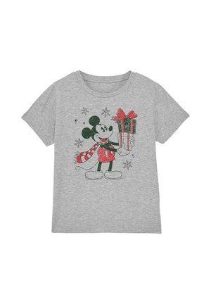 Gray short-sleeve T-shirt with vintage-style Mickey Mouse wearing a red scarf and holding a wrapped gift, surrounded by snowflakes.