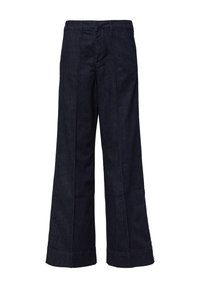 Hellebeine dunkelblaue Denim-Hose mit hoher Taille, die subtile Nähte und einen umgeschlagenen Saum aufweist und eine entspannte Passform bietet.