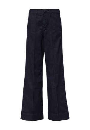Pantalons en denim bleu foncé à jambe large avec une taille haute, dotés de détails de couture subtils et d'un ourlet replié, offrant une coupe décontractée.