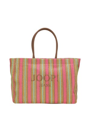 Torbica za nošenje z ročaji iz rjavega usnja, trakasti roza, rumene in zelene barve, z vezenim napisom "JOOP! JEANS" na sredini sprednje strani.