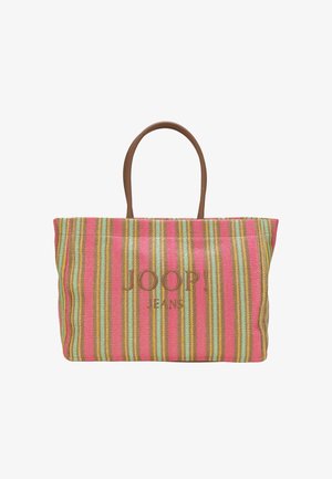 Paski różowe, żółte i zielone na torbie na ramię z brązowymi skórzanymi rączkami i haftowanym napisem "JOOP! JEANS" na środku przodu.