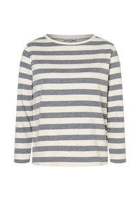 Langärmliges Shirt in Creme mit horizontalen grauen Streifen. Runder Ausschnitt und weicher Stofftextur. Lässiges Design, geeignet für den täglichen Gebrauch.