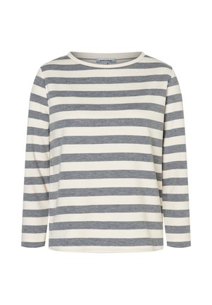 Long-sleeve shirt in cream with horizontal gray stripes. Rounded neckline and soft fabric texture. Casual design, suitable for everyday wear.