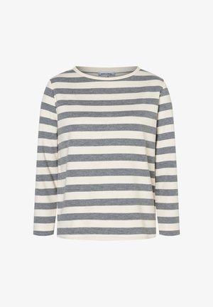 Long-sleeve shirt in cream with horizontal gray stripes. Rounded neckline and soft fabric texture. Casual design, suitable for everyday wear.